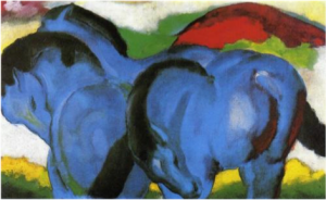 The Little Blue Horses,         1911, huile sur toile,          61 x 101 cm,          Staatsgalerie,    Stuttgart, Germany  